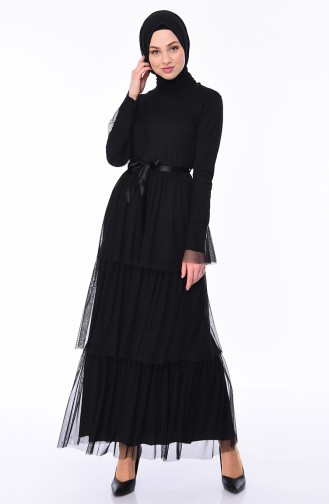 فستان قماش التويل بتصميم حزام للخصر  4024-01 لون أسود 4024-01