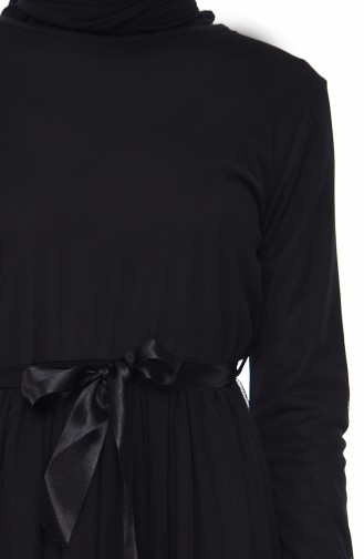 فستان قماش التويل بتصميم حزام للخصر  4024-01 لون أسود 4024-01