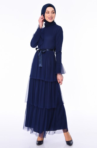 Belted Tulle Dress 4024-02 Navy Blue 4024-02