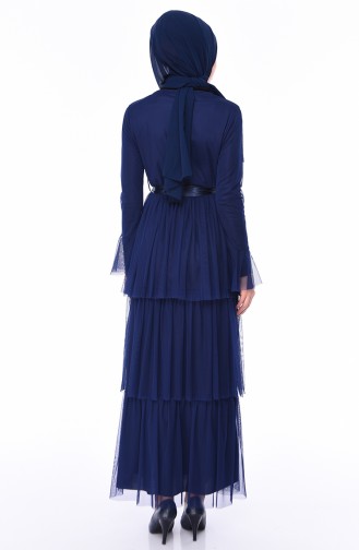 فستان قماش التويل بتصميم حزام للخصر 4024-02 لون كحلي 4024-02