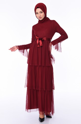 Belted Tulle Dress 4024-03 Claret Red 4024-03