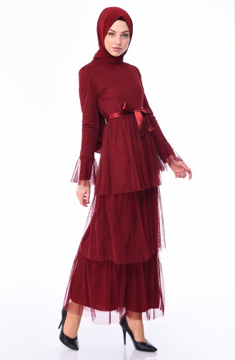 Belted Tulle Dress 4024-03 Claret Red 4024-03