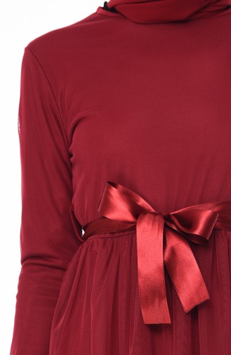 فستان قماش التويل بتصميم حزام للخصر 4024-03 لون خمري 4024-03