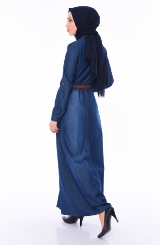 Nakışlı Kemerli Kot Elbise 0127-01 Lacivert