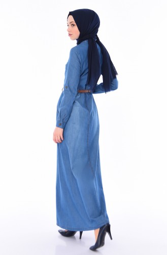 Nakışlı Kemerli Kot Elbise 0127-02 Kot Mavi 0127-02