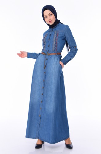Embroidered Belted Jeans Dress 0127-02 Blue Jeans 0127-02