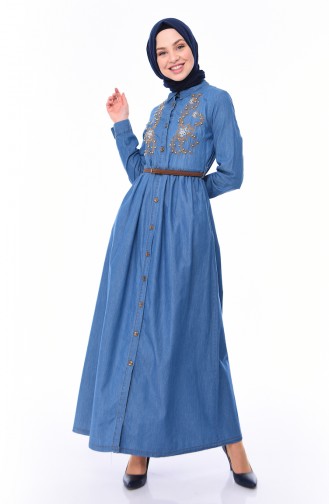 Nakışlı Kot Elbise 4040-02 Kot Mavi 4040-02