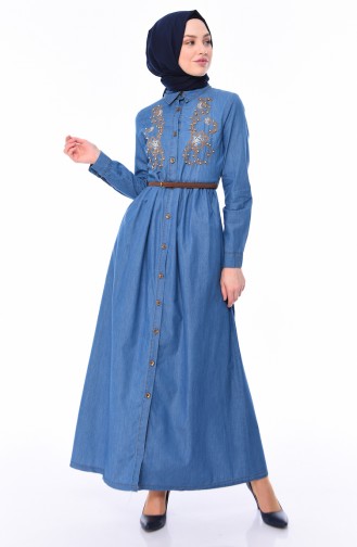 فستان جينز بتفاصيل مُطرزة 4040-02 لون أزرق جينز 4040-02