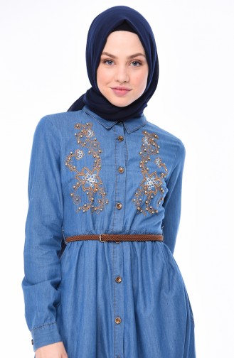 Nakışlı Kot Elbise 4040-02 Kot Mavi