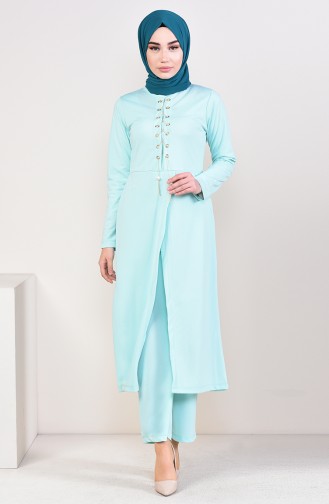 Eyelet Detailed Tunic Trousers Suit 4087-01 Mint Green 4087-01