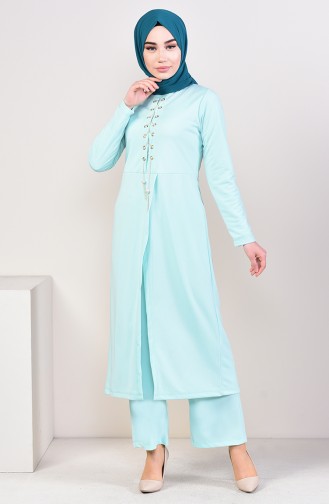Eyelet Detailed Tunic Trousers Suit 4087-01 Mint Green 4087-01
