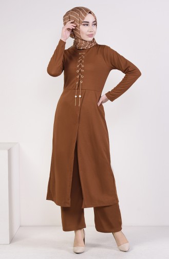 Eyelet Detailed Tunic Trousers Suit 4087-04 Tobacco 4087-04