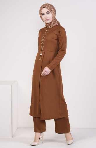 Eyelet Detailed Tunic Trousers Suit 4087-04 Tobacco 4087-04