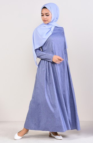 Yandan Pileli Elbise 1195-06 Kot Mavi 1195-06