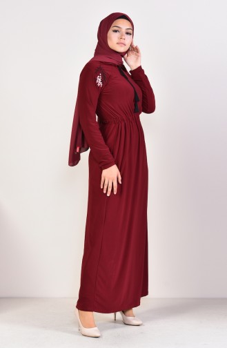 فستان قماش الساندي بفاصيل مُطرزة 4122-01 لون خمري 4122-01