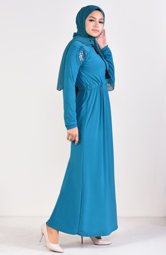 فستان قماش الساندي بفاصيل مُطرزة 4122-03 لون تركواز 4122-03