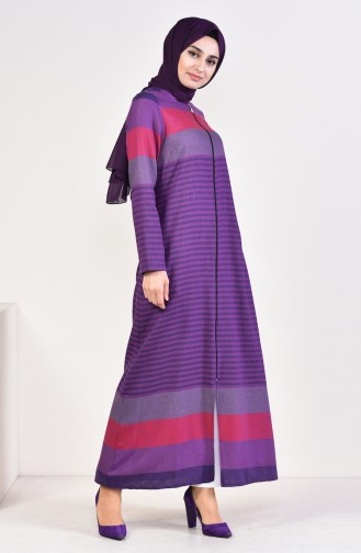Striped Zippered Abaya 1020-01 Purple 1020-01
