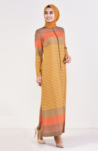 Striped Zippered Abaya 1020-03 Mustard 1020-03