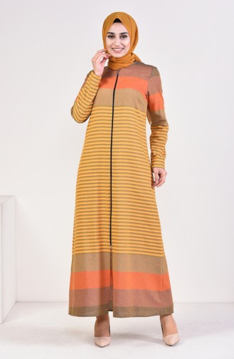 Striped Zippered Abaya 1020-03 Mustard 1020-03