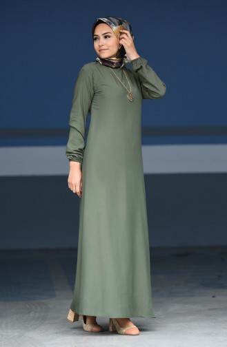 فستان فيسكوز  بتصميم أكمام مزمومة 2521-06 لون أخضر كاكي 2521-06