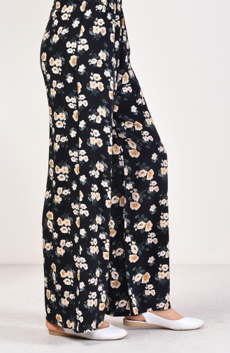 Çiçek Desenli Yazlık Bol Paça Pantolon 25006D-01 Lacivert 25006D-01