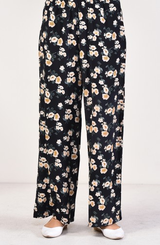 Çiçek Desenli Yazlık Bol Paça Pantolon 25006D-01 Lacivert 25006D-01