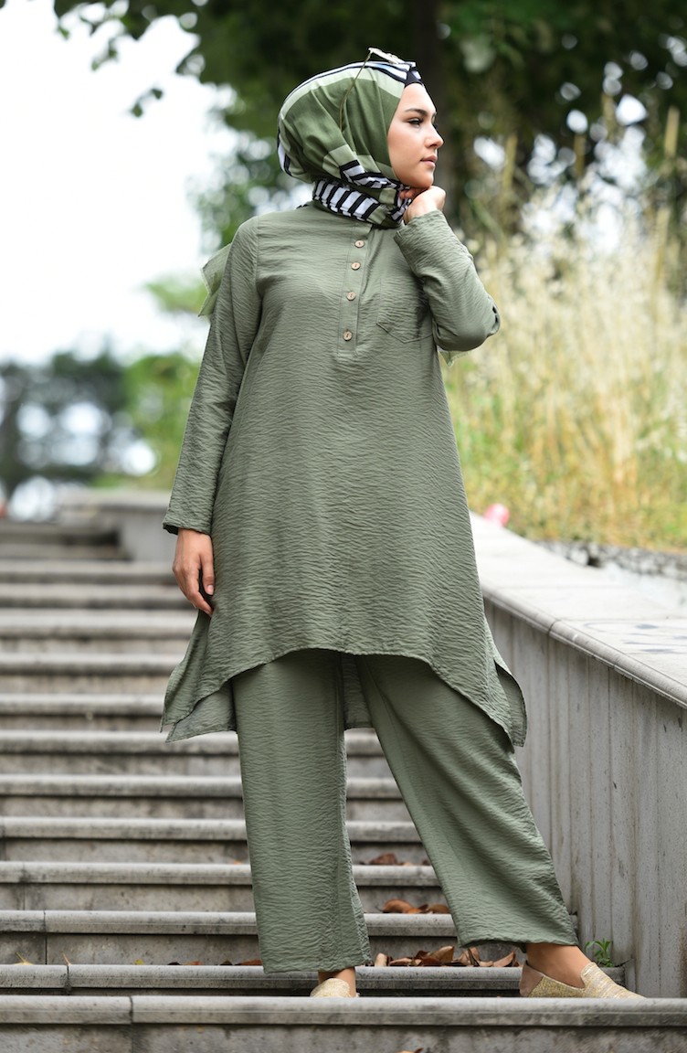 Aerobin Kumaş Asimetrik Tunik Pantolon İkili Takım 6341-03 Haki