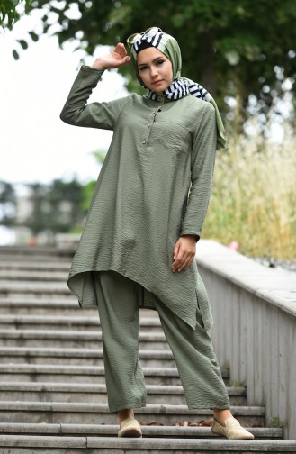 Aerobin Kumaş Asimetrik Tunik Pantolon İkili Takım 6341-03 Haki