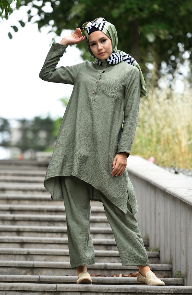 Aerobin Kumaş Asimetrik Tunik Pantolon İkili Takım 6341-03 Haki