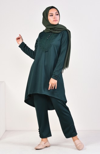 Lace Detailed Tunic Trousers Double Suit 4066-03 Emerald Green 4066-03
