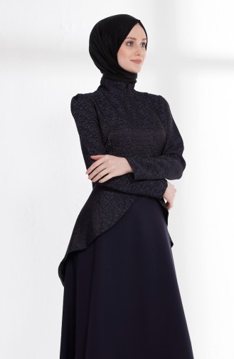 Jakarlı Peplum Elbise 7244-02 Açık Lacivert