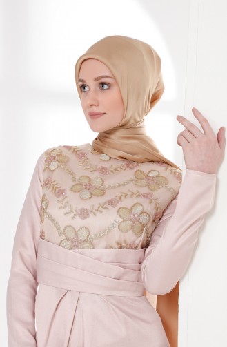 Powder Hijab Evening Dress 7245-02