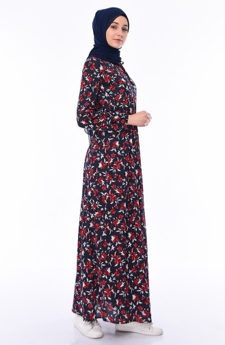 Desenli Beli Lastikli Elbise 0417Z-01 Lacivert Kırmızı