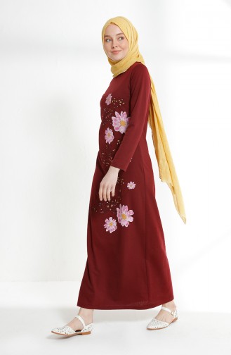 Robe İmprimée de Fleurs 5041-02 Bordeaux 5041-02