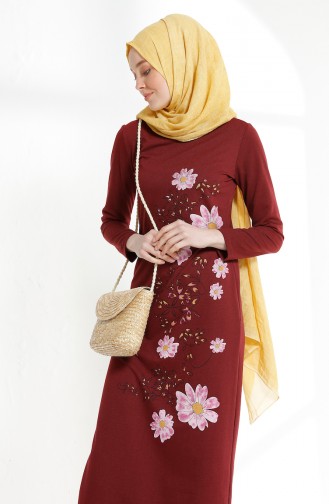 Flower Printed Two Thread Dress 5041-02 Claret Red 5041-02