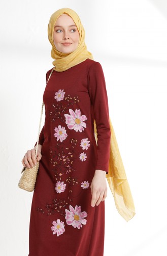 Robe İmprimée de Fleurs 5041-02 Bordeaux 5041-02