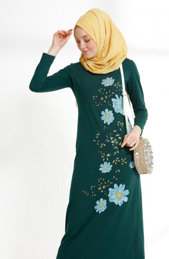 Flower Printed Two Thread Dress 5041-10 Emerald Green 5041-10
