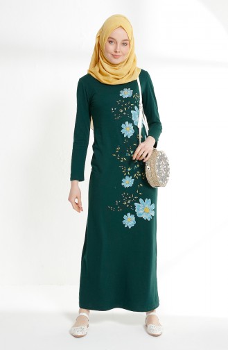 Flower Printed Two Yarn Dress 5008-06 Emerald Green 5008-06