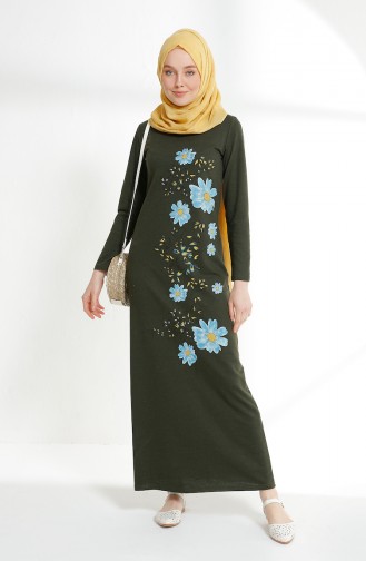 Robe İmprimée de Fleurs 5041-03 Khaki 5041-03