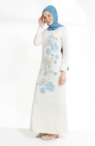 Flower Printed Two Thread Dress 5041-01 Ecru 5041-01