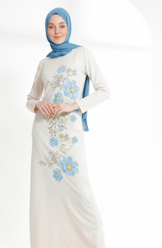 Flower Printed Two Thread Dress 5041-01 Ecru 5041-01