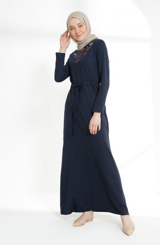 Shirred Waist Embroidered Dress 5012-01 Navy Blue 5012-01