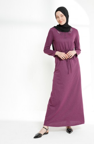 Shirred Waist Embroidered Dress 5012-03 Plum 5012-03