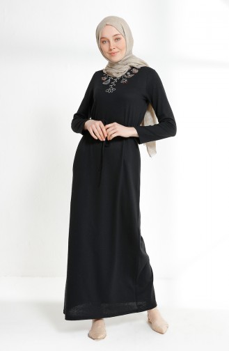 Beli Büzgülü Nakışlı Elbise 5012-08 Siyah 5012-08