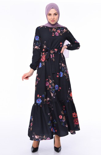 Çiçek Desenli Elbise 5007-01 Siyah