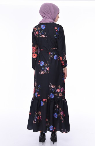 Çiçek Desenli Elbise 5007-01 Siyah