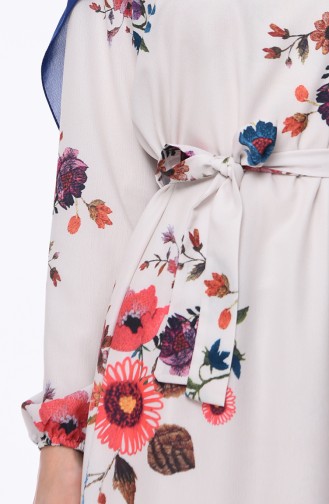 Çiçek Desenli Elbise 5007-02 Ekru