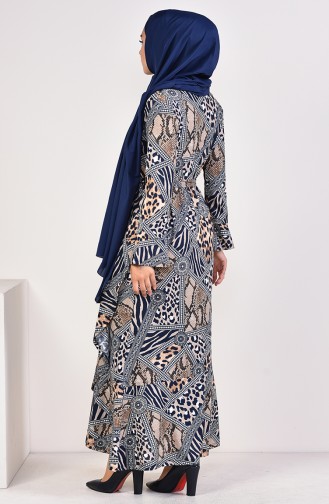 فستان مطبع بتصميم حزام للخصر 4103-01 لون كحلي وبني مائل للرمادي 4103-01