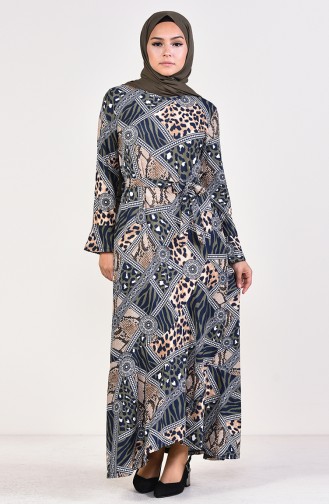 فستان مطبع بتصميم حزام للخصر 4103B-01 لون اخضر كاكي وبني مائل للرمادي 4103B-01