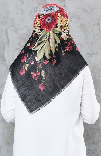 Flower Patterned Cotton Scarf 2252-13 Black Red 2252-13